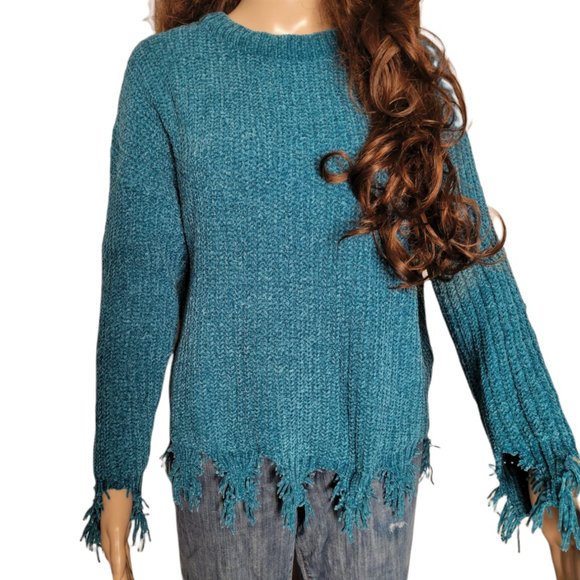 BRAVE SOUL LONDON Shredded and distressed knitwear Cardigan Boho Teal SZ … - Picture 1 of 5